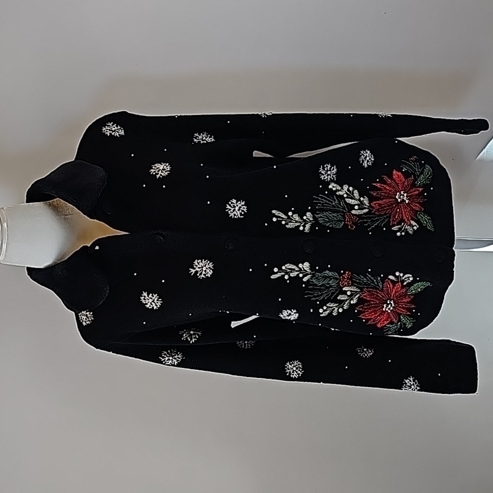 Victoria Jones Embroidered Black Christmas Sweater Cardigan Small